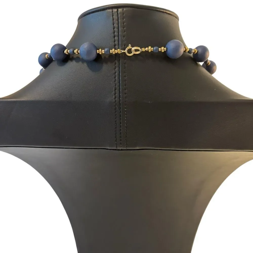 Pretty & Well Made Navy Blue and Gold Beaded Vintage Necklace.